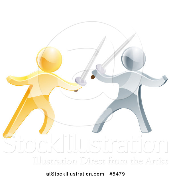 Vector Illustration of 3d Gold and Silver Men Engaged in a Sword Fight