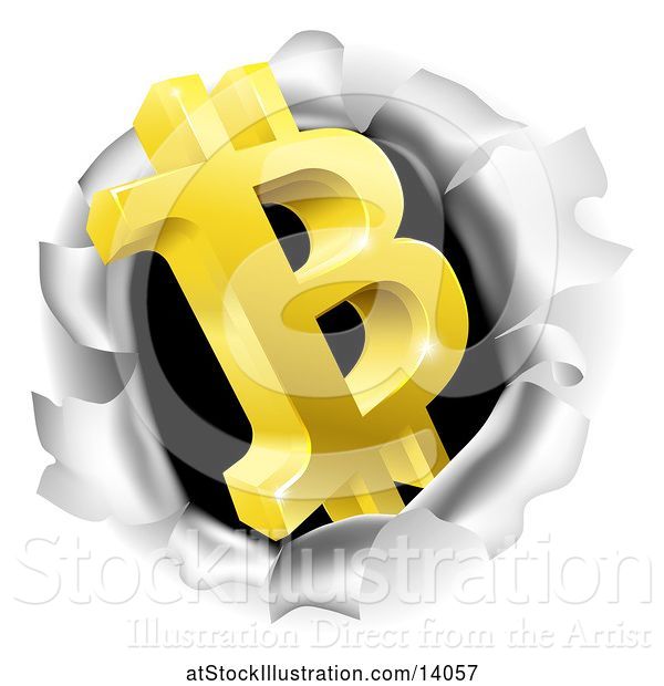 Vector Illustration of 3d Gold Bitcoin Currency Symbol Breaking Through a Hole in a Wall