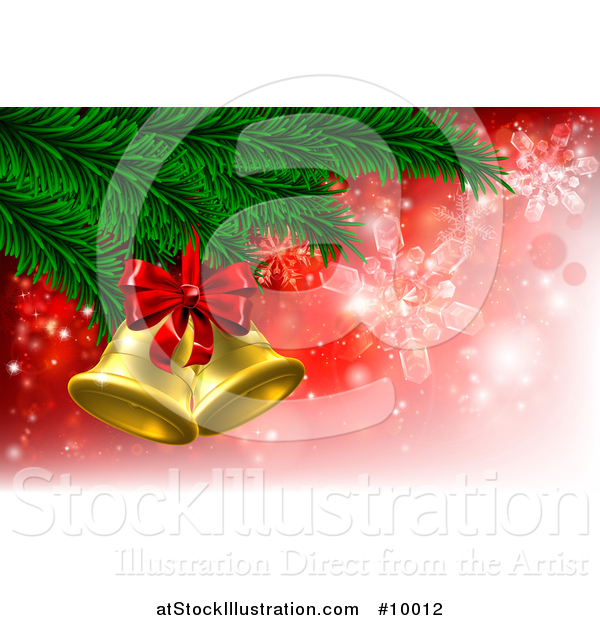 Vector Illustration of 3d Gold Christmas Bells with a Bow on Tree Branches, over Red with Snowflakes