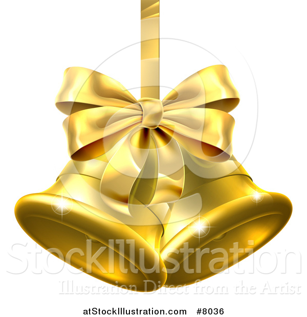Vector Illustration of 3d Gold Christmas Bells with a Ribbon and Bow