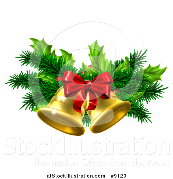 Vector Illustration of 3d Gold Christmas Bells with Branches and a Red Bow