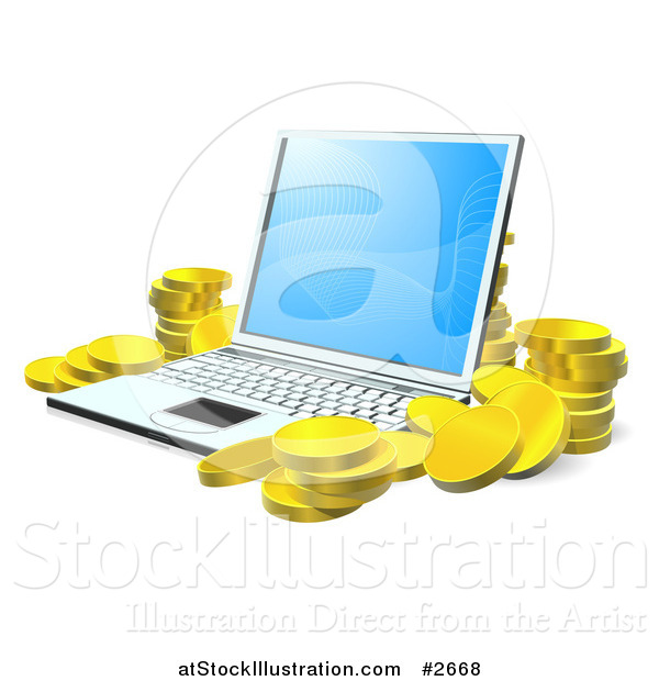 Vector Illustration of 3d Gold Coins Stacked Around a Laptop