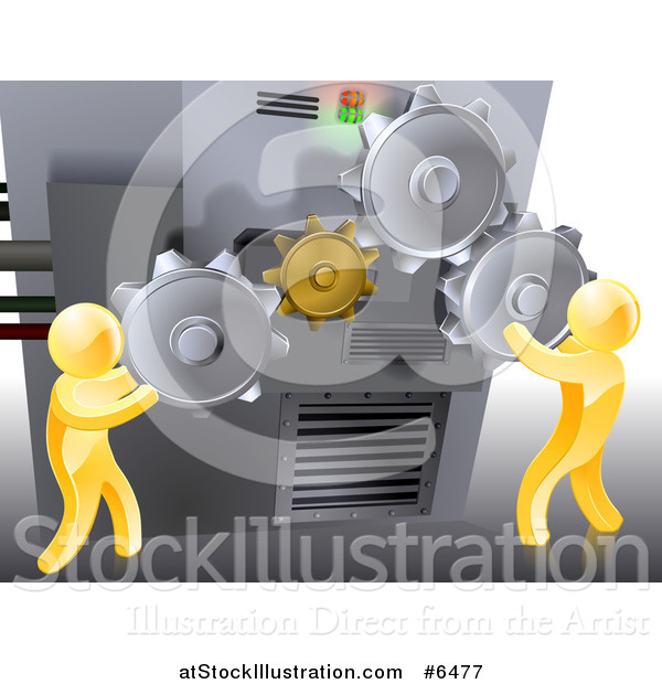 Vector Illustration of 3d Gold Men Adjusting Gear Cogs on a Machine