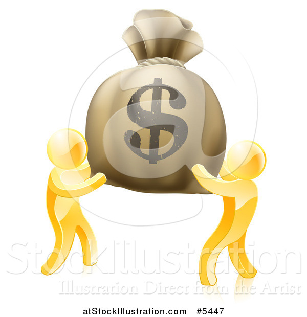 Vector Illustration of 3d Gold Men Carrying a Giant Dollar Money Bag