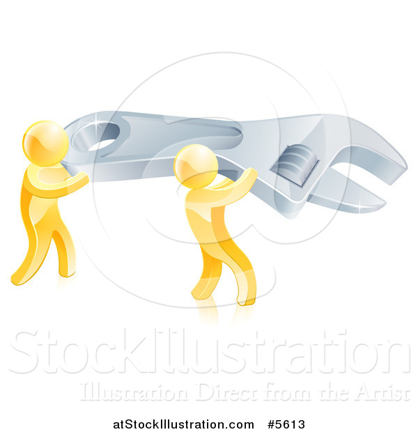 Vector Illustration of 3d Gold Men Carrying a Giant Spanner Wrench