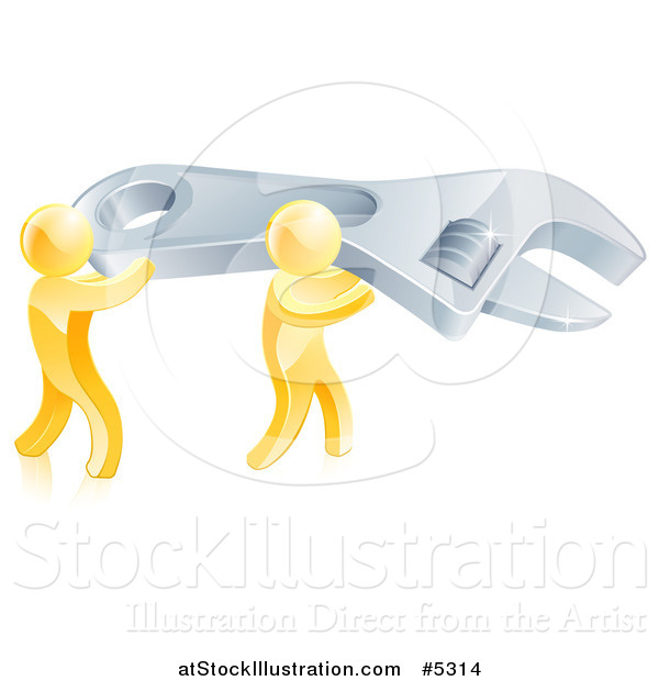 Vector Illustration of 3d Gold Men Carrying a Huge Spanner Wrench