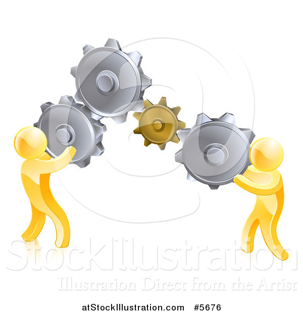 Vector Illustration of 3d Gold Men Connecting Two Giant Gear Cogs