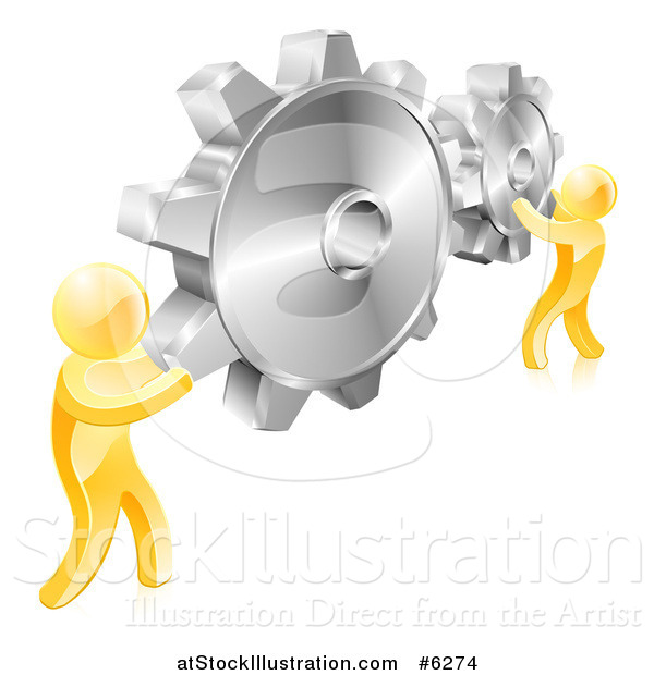 Vector Illustration of 3d Gold Men Holding up Gold Gear Cogs