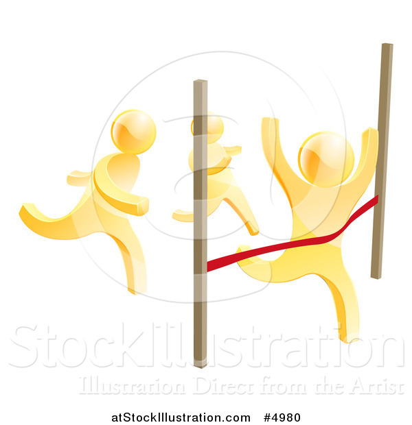 Vector Illustration of 3d Gold Men Racing, One Crossing the Finish Line