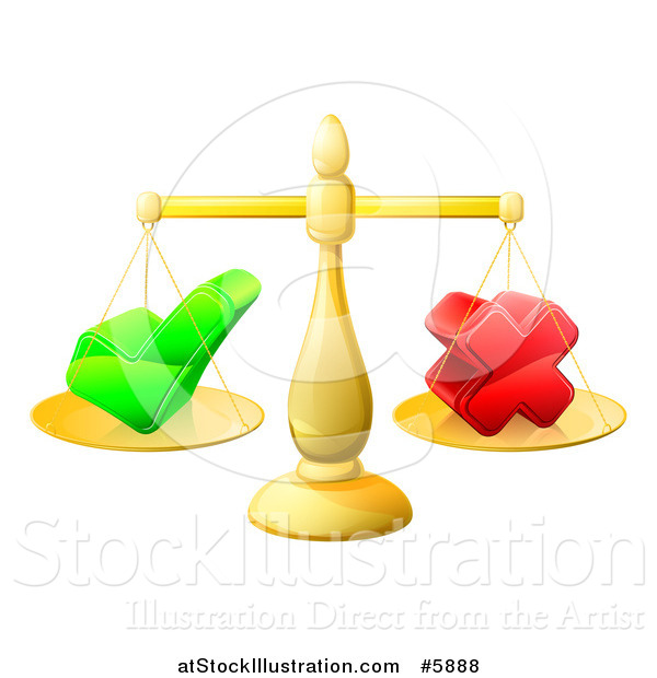 Vector Illustration of 3d Gold Scales Balancing a Check Mark and X Cross
