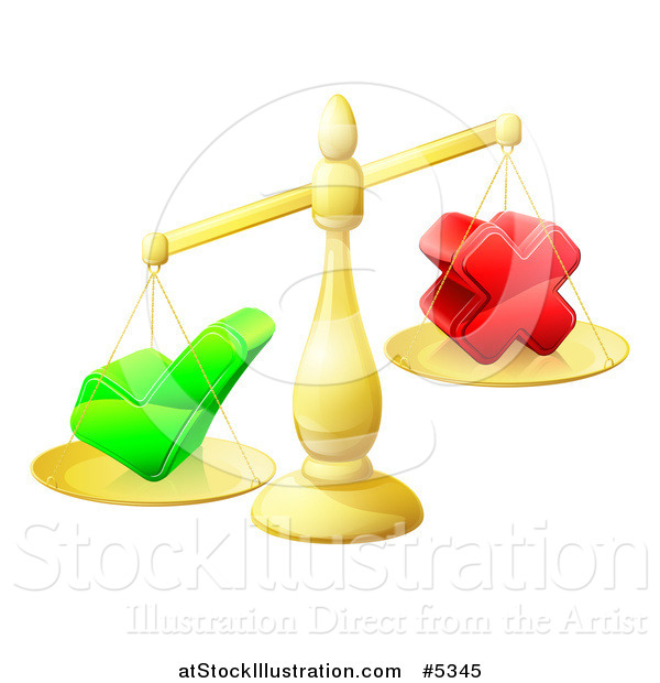 Vector Illustration of 3d Gold Scales Weighing a Decision Check Mark and X Cross