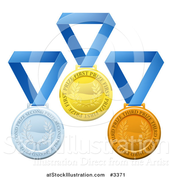 Vector Illustration of 3d Gold Silver and Bronze Prize Medals on Blue Ribbons