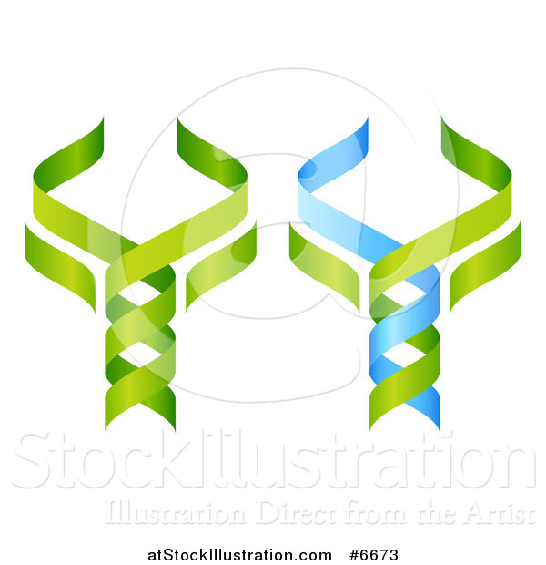 Vector Illustration of 3d Green and Blue DNA Double Helix Trees Shaped like Caduceuses