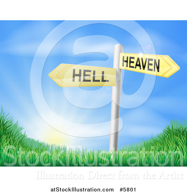 Vector Illustration of 3d Heaven or Hell Arrow Signs over Grassy Hills and a Sunrise