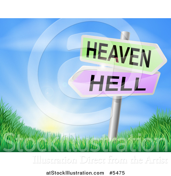 Vector Illustration of 3d Heaven or Hell Arrow Signs over Hills and a Sunrise