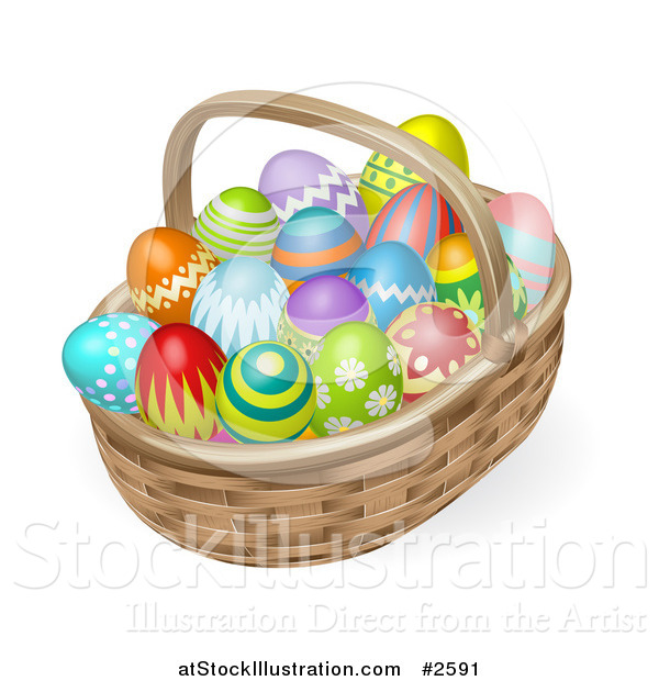 Vector Illustration of 3d Painted Easter Eggs and a Wicker Basket