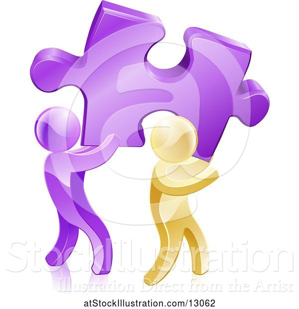 Vector Illustration of 3d Purple and Gold Men Carrying a Large Solution Puzzle Piece