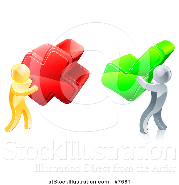 Vector Illustration of 3d Right and Wrong Gold and Silver Men Carrying X and Check Marks