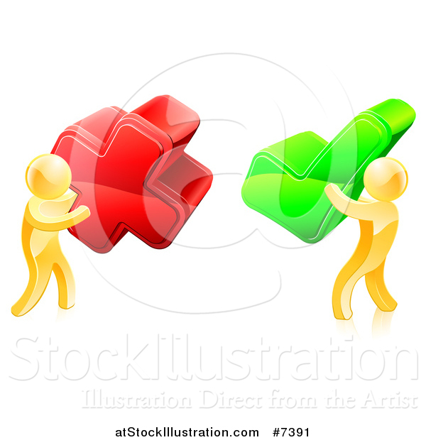Vector Illustration of 3d Right and Wrong Gold Men Carrying X and Check Marks
