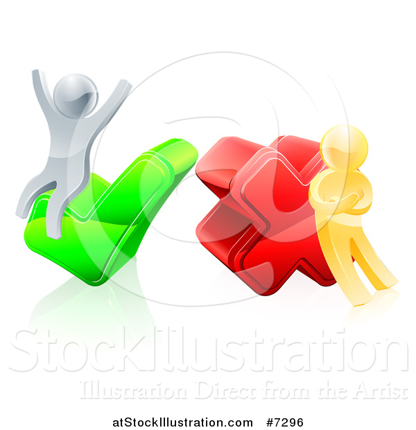 Vector Illustration of 3d Right and Wrong Silver and Gold Men Carrying and Cheering on X and Check Marks