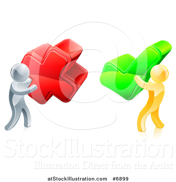 Vector Illustration of 3d Right and Wrong Silver and Gold Men Carrying X and Check Marks
