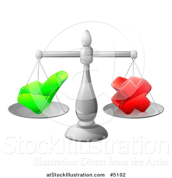 Vector Illustration of 3d Scales Weighing a Decision Check Mark and X Cross