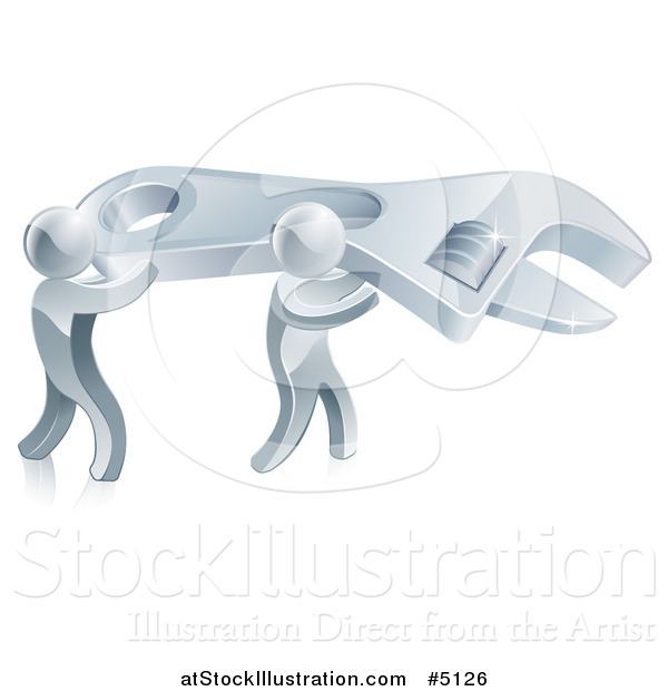 Vector Illustration of 3d Silver Men Carrying a Giant Adjustable Wrench