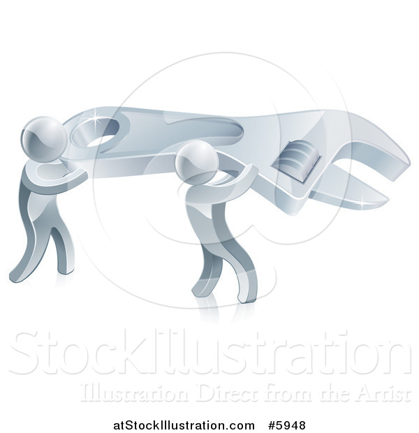 Vector Illustration of 3d Silver Men Carrying a Giant Adjustable Wrench