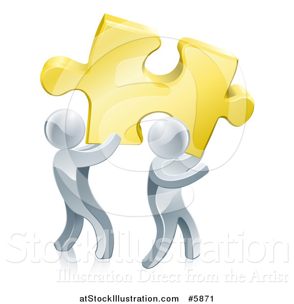 Vector Illustration of 3d Silver Men Carrying a Golden Puzzle Piece