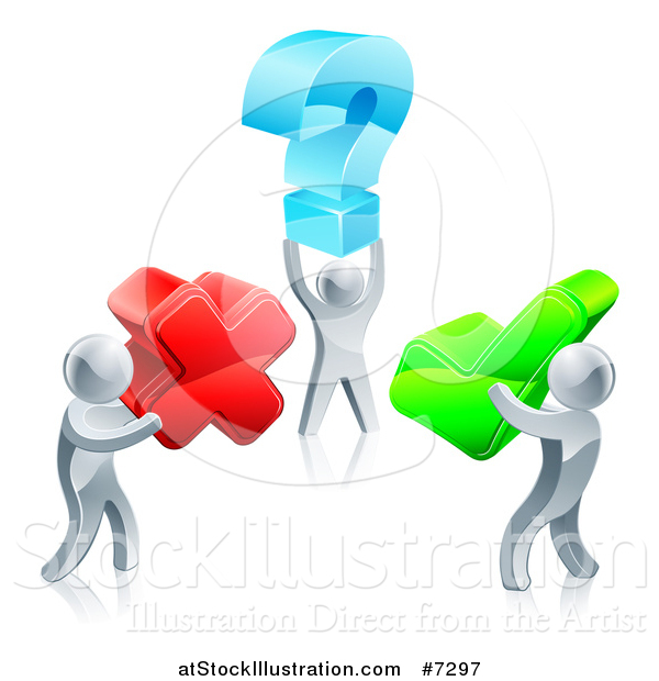 Vector Illustration of 3d Silver Men Carrying Question, X and Check Marks