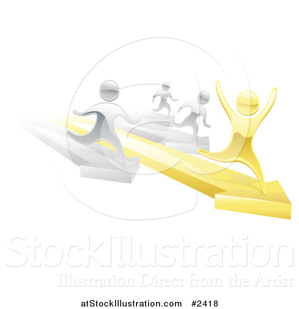 Vector Illustration of 3d Silver People Racing Against a Gold Man on Arrows