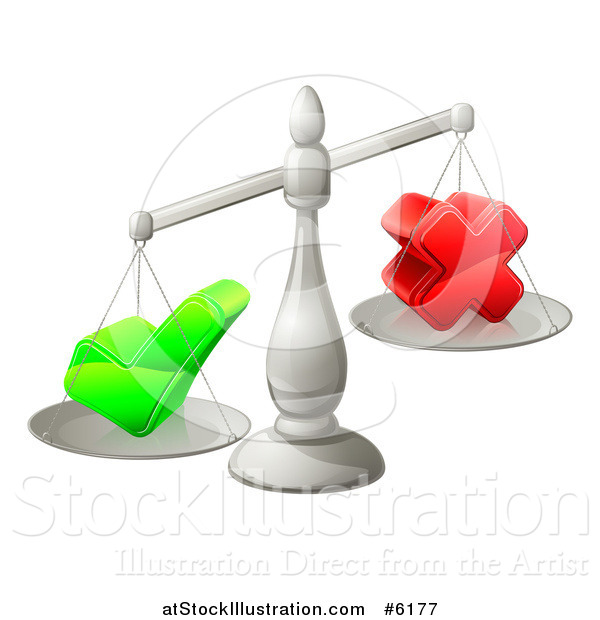 Vector Illustration of 3d Silver Scales Balancing a Check Mark and X Cross