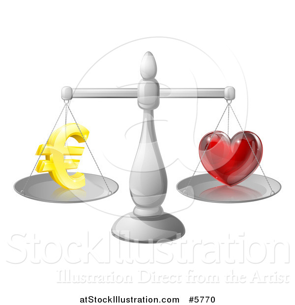 Vector Illustration of 3d Silver Scales Balancing Euros and Love