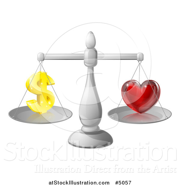 Vector Illustration of 3d Silver Scales Balancing Finances and Love