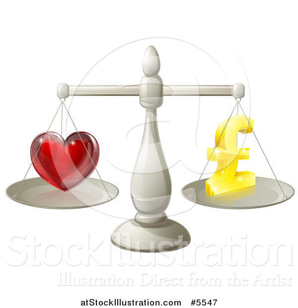 Vector Illustration of 3d Silver Scales Balancing Pound Sterling Finances and Love