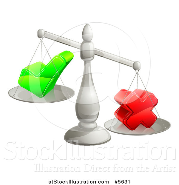 Vector Illustration of 3d Silver Scales Weighing a Decision Check Mark and X Cross