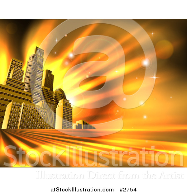 Vector Illustration of 3d Skyscrapers in an Urban City Block Against Orange Rays and Flares