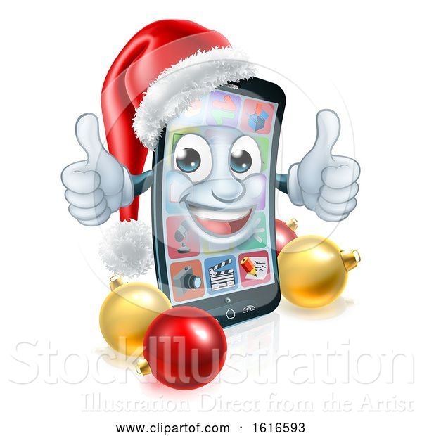 Vector Illustration of 3d Smart Cell Phone Character Wearing a Santa Hat and Holding Two Thumbs up