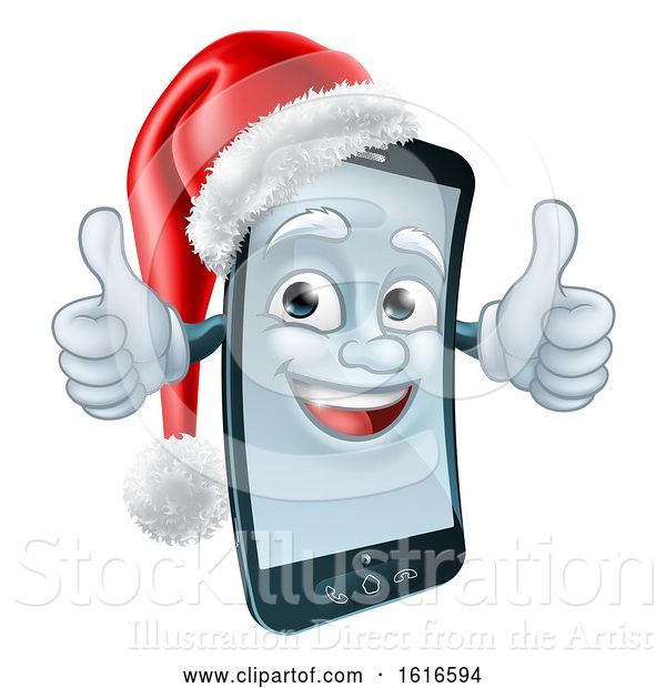 Vector Illustration of 3d Smart Cell Phone Character Wearing a Santa Hat and Holding Two Thumbs up