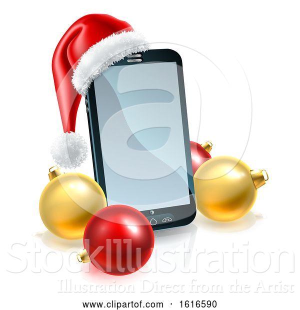 Vector Illustration of 3d Smart Cell Phone with a Santa Hat and Christmas Baubles