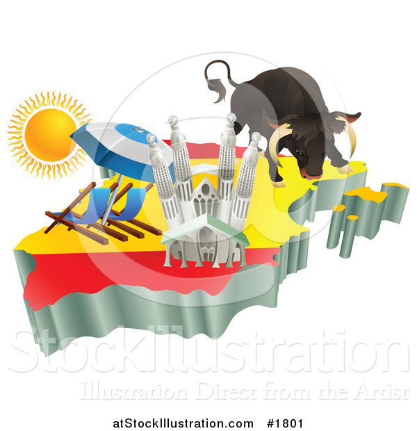 Vector Illustration of 3d Spanish Tourist Attractions over a Flag Map of Spain