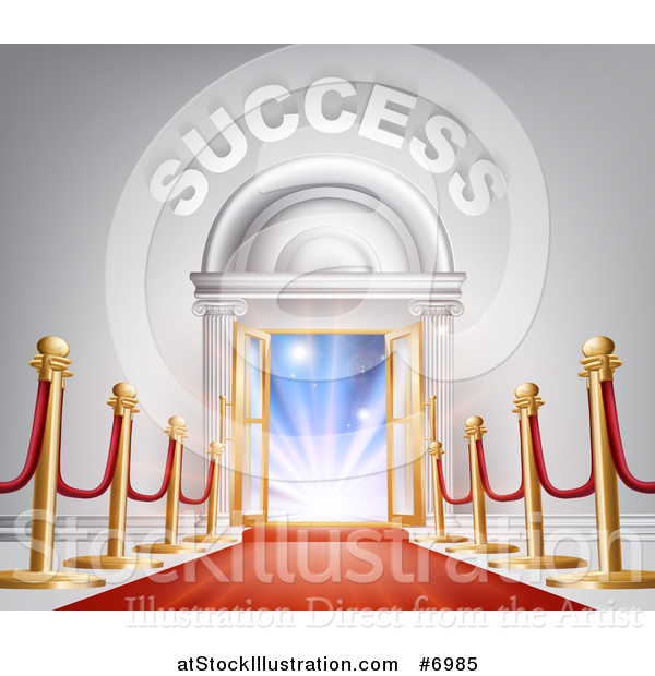 Vector Illustration of 3d SUCCESS over Open Doors with a Red Carpet, Posts and Light