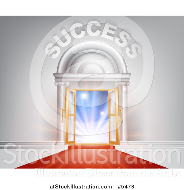 Vector Illustration of 3d SUCCESS over Open Doors with Light and a Red Carpet