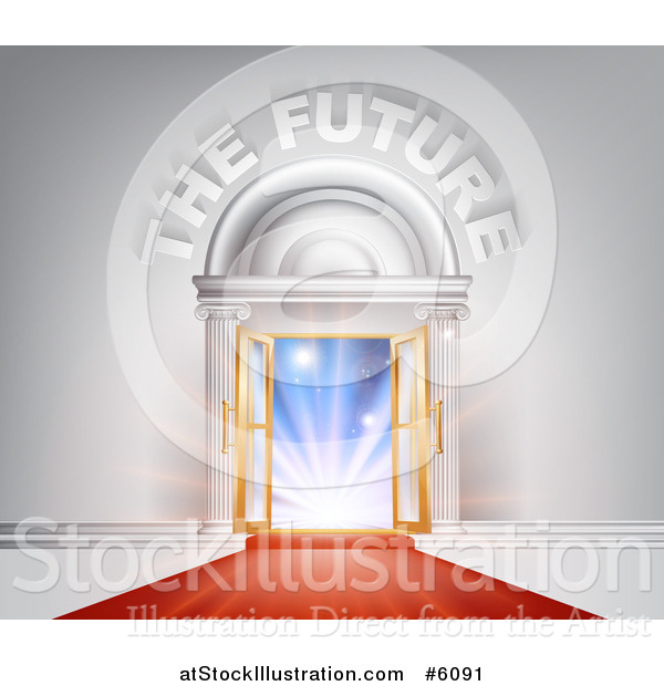 Vector Illustration of 3d the Future Text over Open Doors and Red Carpet