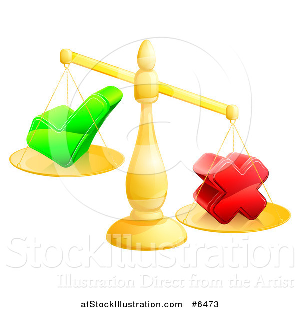 Vector Illustration of 3d Unbalanced Gold Scales Weighing a Check Mark and X Cross