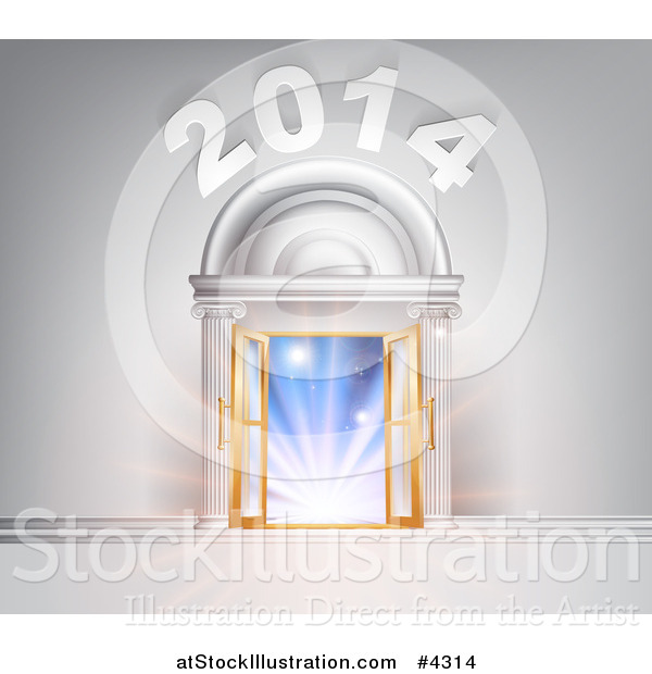 Vector Illustration of a 2014 over Open French Doors in a Marble Doorway with Blue Light