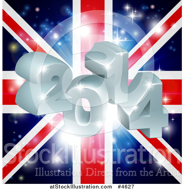 Vector Illustration of a 3d 2014 and Fireworks over a Union Jack Flag