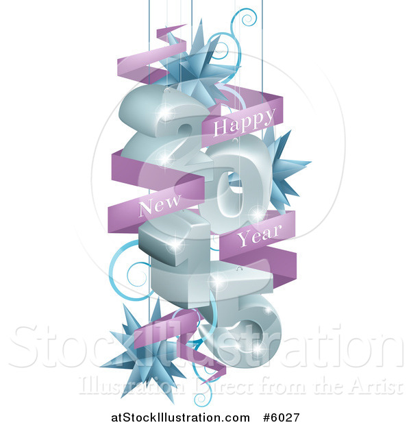 Vector Illustration of a 3d 2015 Suspended with Star Ornaments and a Happy New Year Greeting Banner