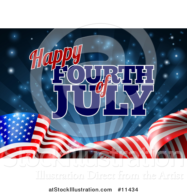 Vector Illustration of a 3d American Flag and Fourth of July Text over Blue