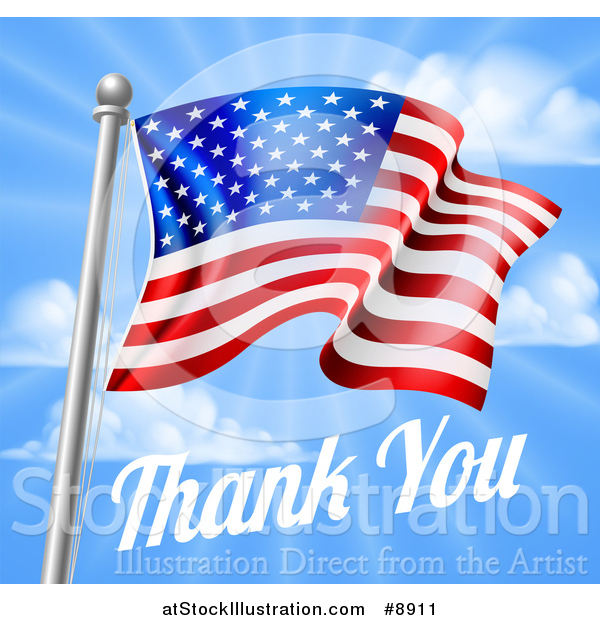 Vector Illustration of a 3d American Flag and Thank You Text over a Blue Sky for Memorial or Veterans Day